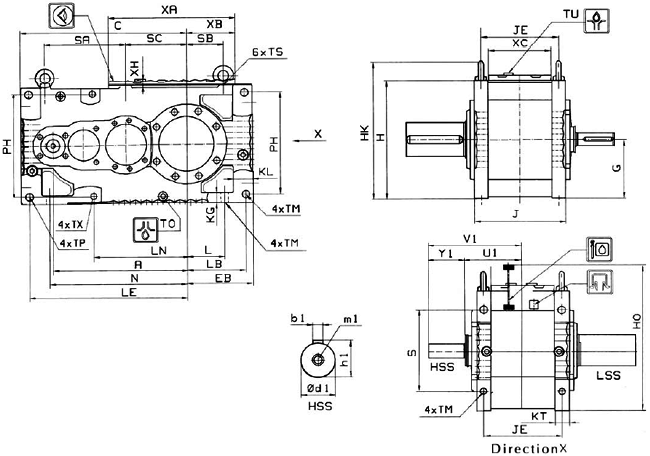 MC系列硬齒面中型齒輪減速機(jī)安裝尺寸(3級斜齒輪減速器水平安裝)