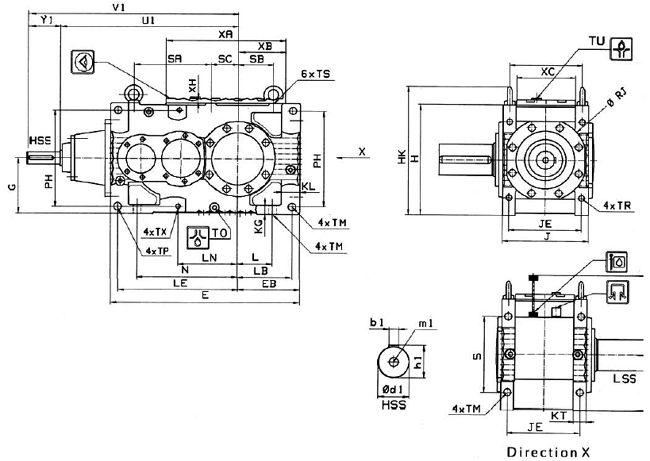 MC系列硬齒面中型齒輪減速機(jī)安裝尺寸(3級錐齒輪—斜齒輪減速器水平安裝)